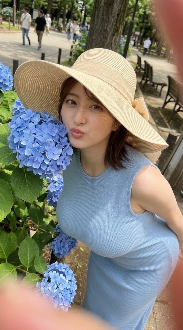 A Japanese woman in a light blue dress and a wide-brimmed hat poses next to blue hydrangeas in a park.