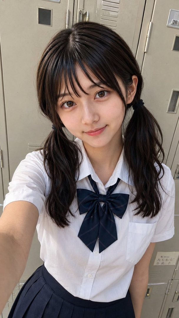 A young woman with black hair in pigtails and bangs, wearing a Japanese school uniform, takes a selfie in front of lockers.