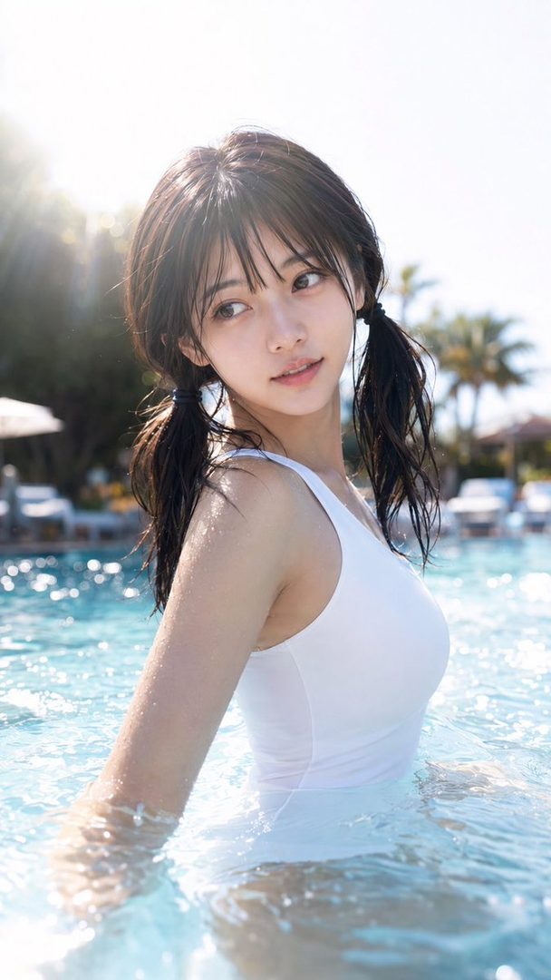 A young woman with black hair in twintails and bangs, wearing a white swimsuit, is in a swimming pool on a sunny day.