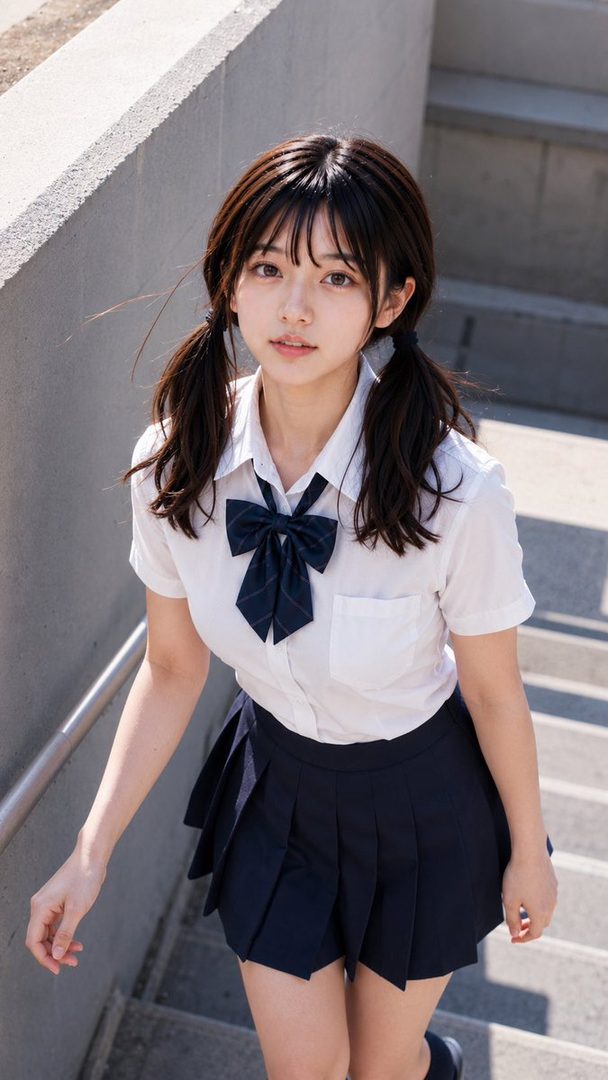 A young woman with black twintails and bangs, wearing a school uniform with a white shirt and dark pleated skirt, stands on outdoor stairs.