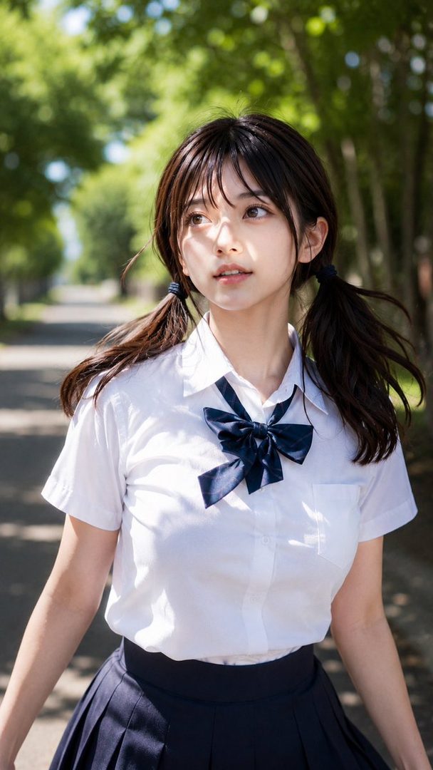 A young woman with brown hair in pigtails and bangs, wearing a Japanese school uniform with a white shirt and navy skirt, stands outdoors on a sunny day.