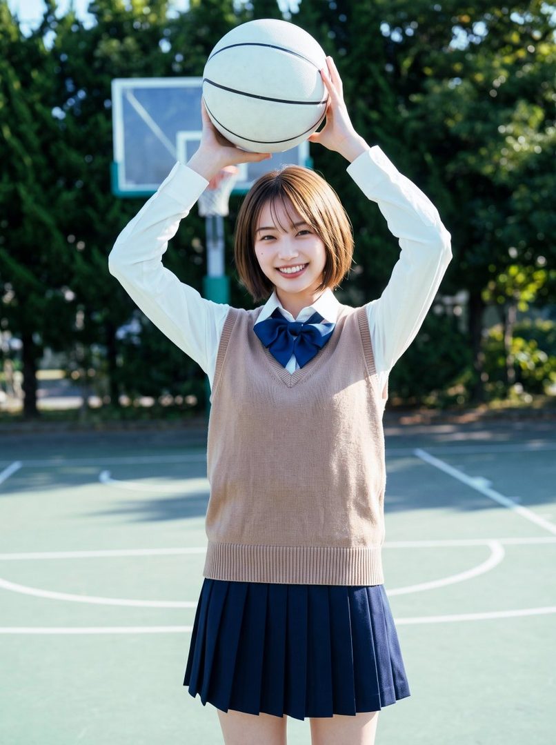 A young woman in a school uniform holds a basketball above her head on an outdoor court.