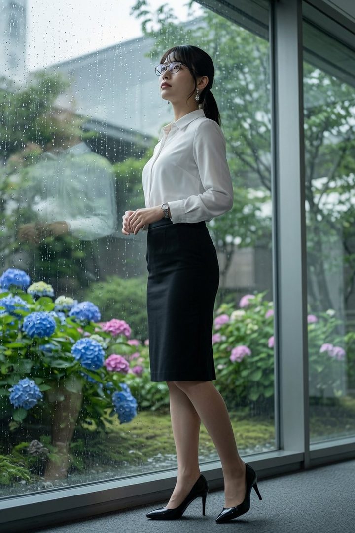 A woman in a white blouse and black skirt stands by a window, looking out at a rainy garden with hydrangeas.