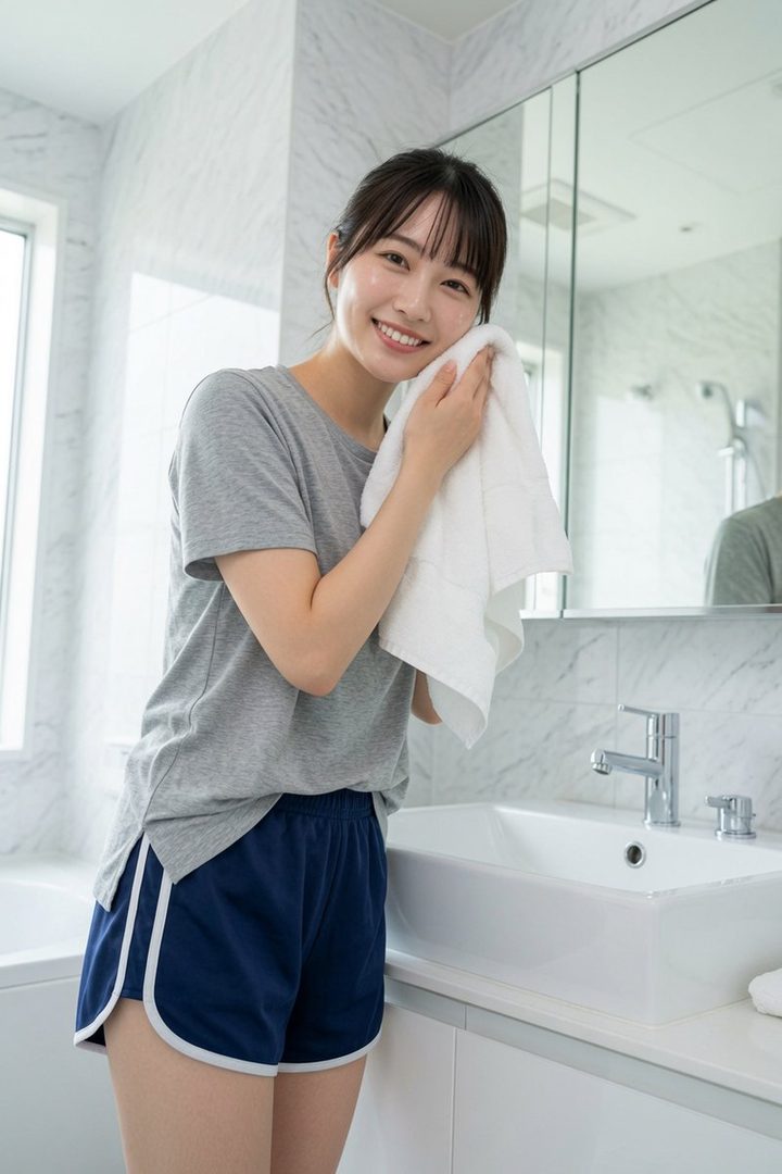A young woman in a grey t-shirt and blue shorts smiles while drying her face with a white towel in a modern bathroom.
