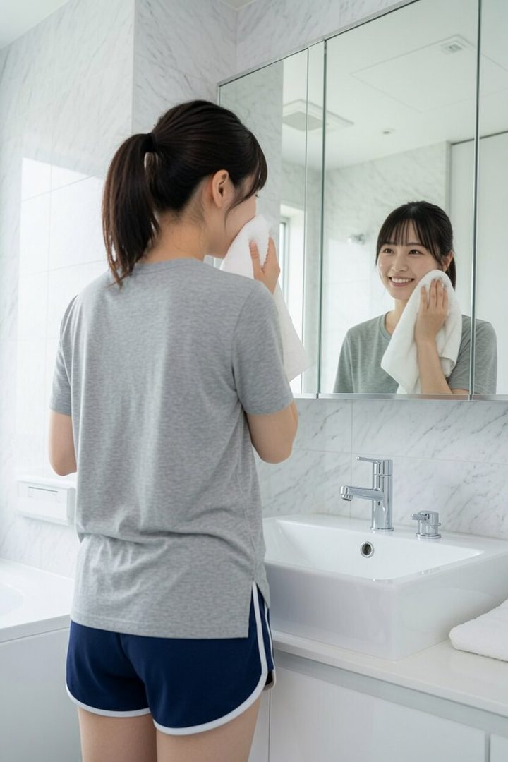 A young woman in a grey t-shirt and blue shorts is drying her face with a white towel in a modern bathroom, smiling at her reflection in the mirror.