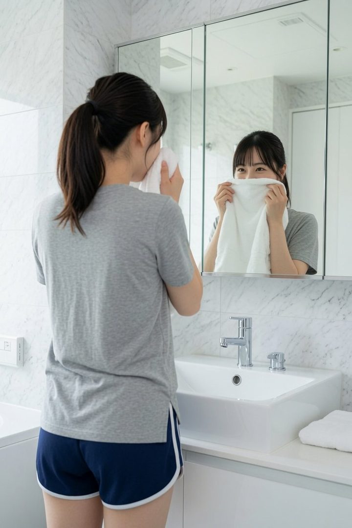 A young woman in a grey t-shirt and blue shorts is drying her face with a white towel in a bathroom, looking at her reflection in the mirror.