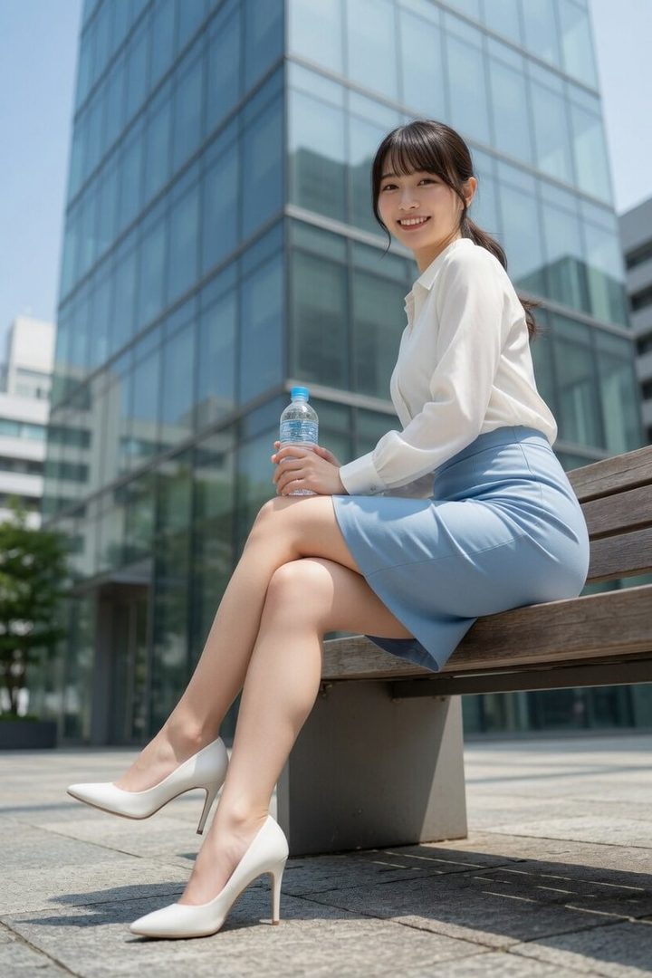 A young woman in a white blouse and light blue skirt sits on a bench in a city setting, holding a water bottle and smiling.