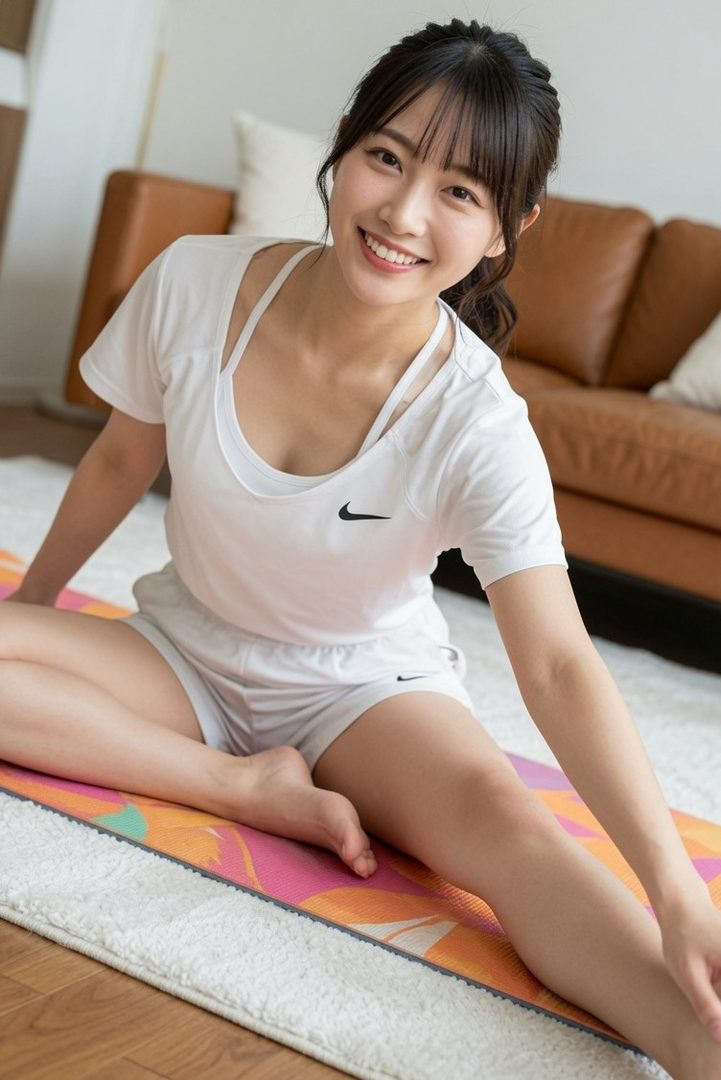A smiling young woman with black hair is sitting on a yoga mat, wearing a white Nike t-shirt and shorts, stretching indoors.