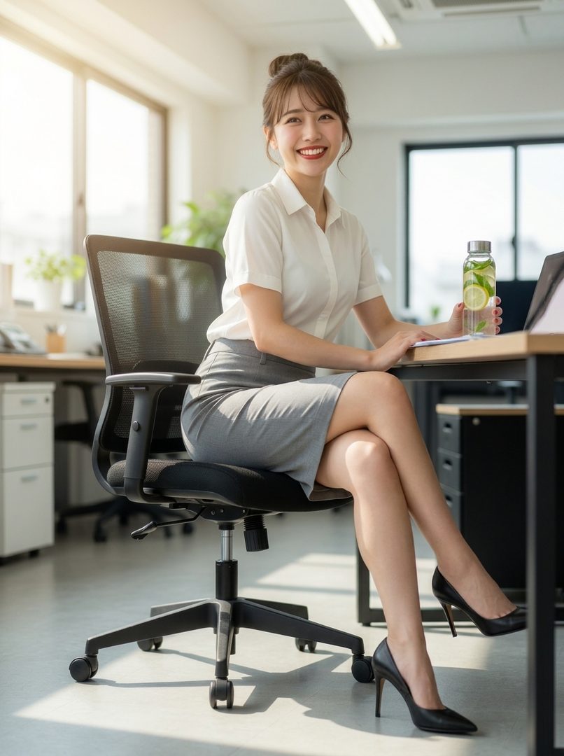 A smiling young woman with brown hair in a bun, wearing a white blouse and grey skirt, sits at an office desk with a water bottle.