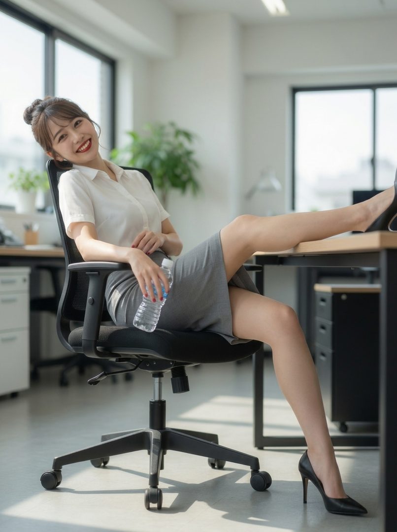 A smiling woman in a white blouse and grey skirt sits in an office chair with her legs up on a desk, holding a water bottle.