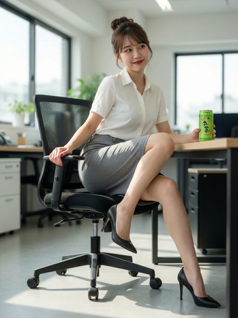 A young woman in a white blouse and gray skirt sits casually in an office chair, holding a green can.