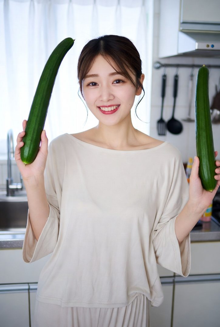 A smiling young woman in a casual top holds two long green cucumbers in a kitchen setting.