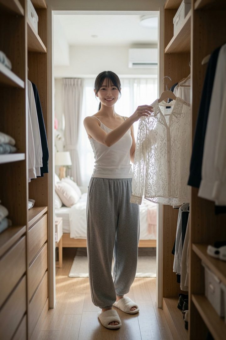 A young woman in casual wear stands in a closet, holding up a white lace shirt and smiling at the camera.