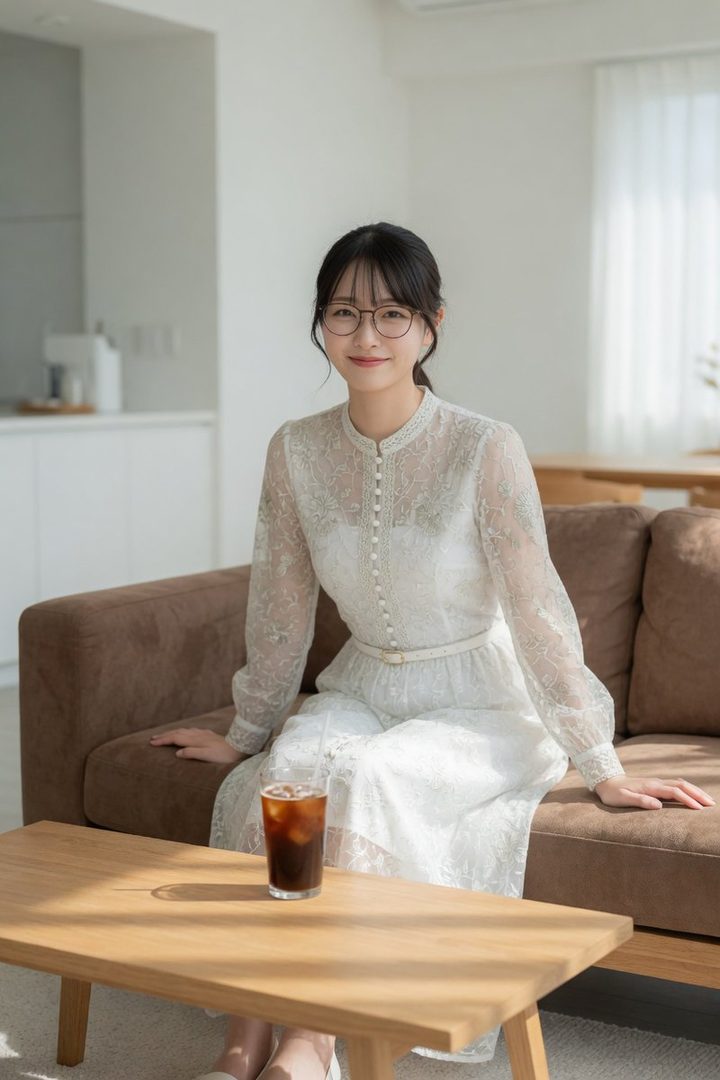 A young woman with black hair and glasses, wearing a white lace dress, sits on a brown sofa indoors with a glass of iced coffee on a wooden table in front of her.