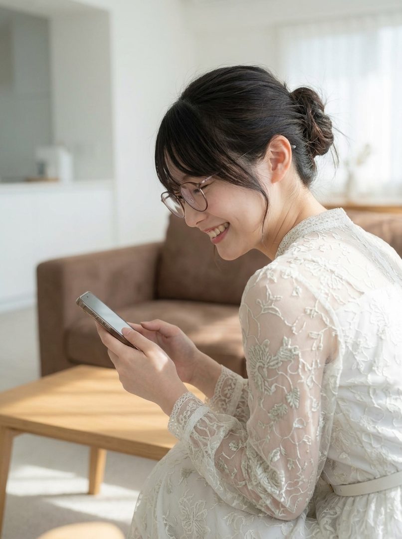 A young woman with black hair and glasses, wearing a white lace dress, smiles while looking at her phone indoors.