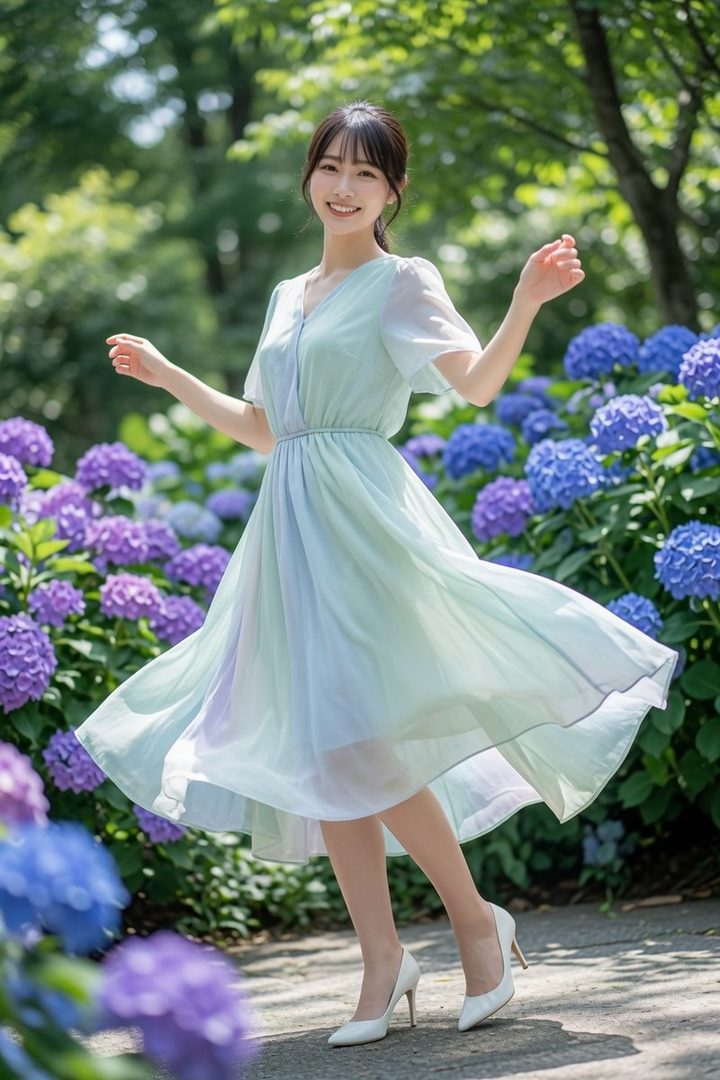A young woman in a light green dress smiles while standing in a garden surrounded by purple and blue hydrangeas.