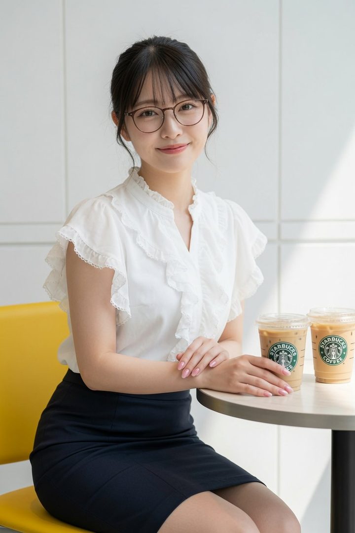 A young woman with black hair and glasses, wearing a white ruffled blouse and black skirt, sits at a table with two Starbucks drinks.