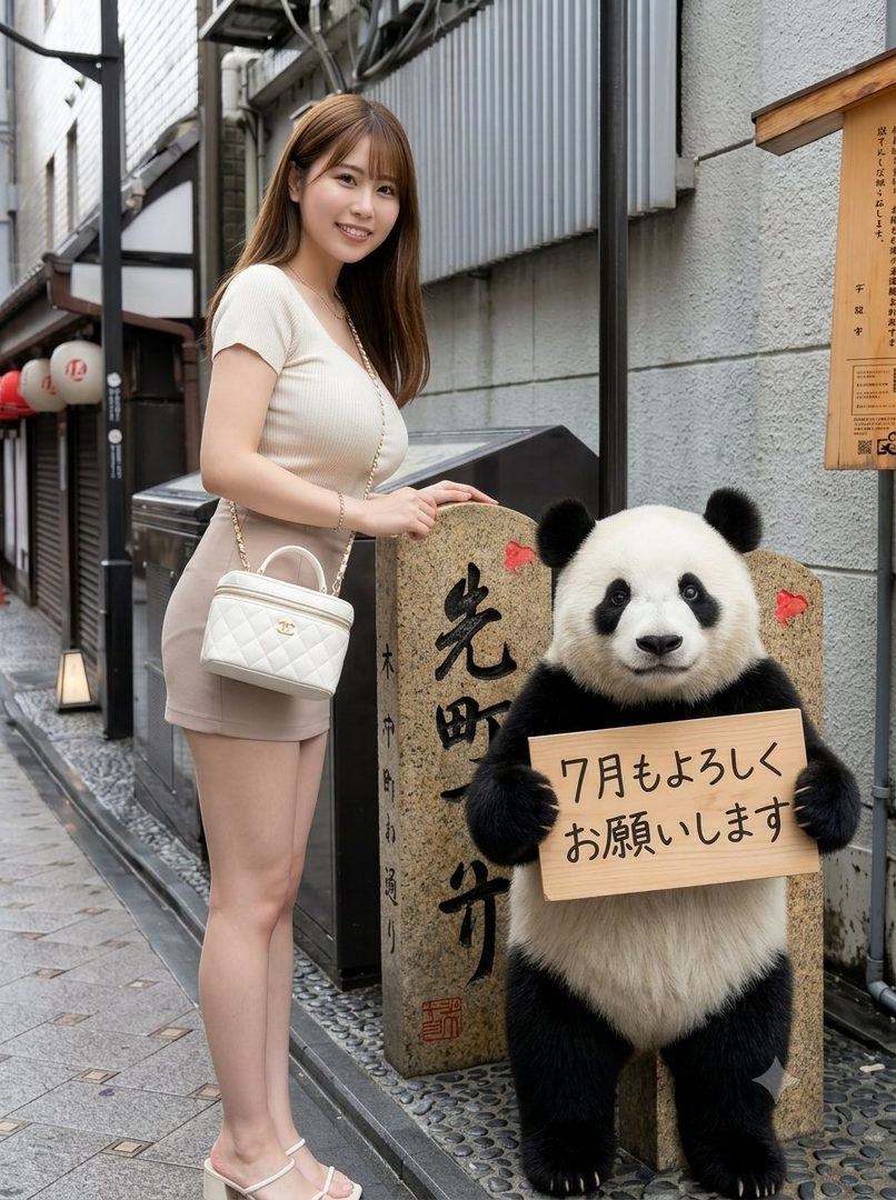 A young woman with long brown hair and bangs, wearing a light-colored top and skirt, stands on a street next to a panda statue holding a sign.