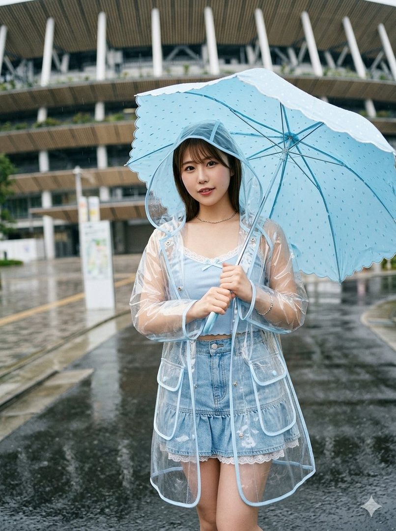 A young woman with brown hair and bangs, wearing a clear raincoat and denim skirt, holds a light blue umbrella on a rainy street with a stadium in the background.