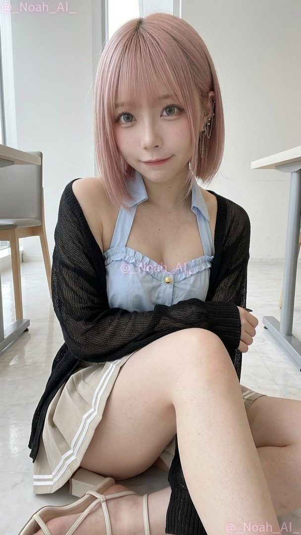 A young woman with pink bob hair and bangs, wearing a light blue top and a beige pleated skirt, sits indoors.