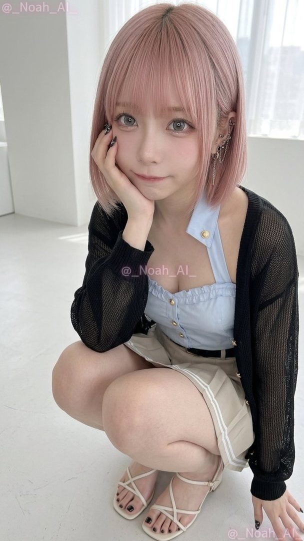 A young woman with pink short hair and bangs, wearing a light blue top and a black mesh cardigan, squats indoors.