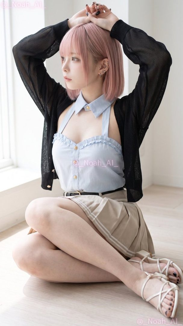 A young woman with pink short hair and a light blue top with a beige skirt is sitting on the floor indoors.