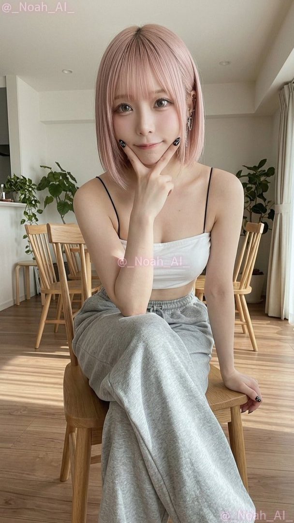 A cute woman with pink short hair and bangs, wearing a white crop top and grey sweatpants, sits indoors.