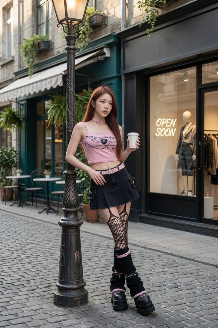 A young woman with long brown hair, wearing a pink crop top, black mini skirt, and fishnet stockings, stands on a cobblestone street next to a lamppost, holding a coffee cup.