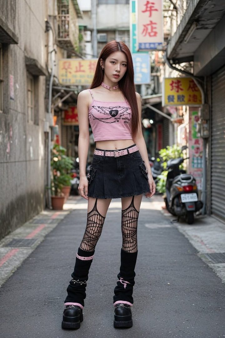 A young woman with long brown hair stands in a narrow street, wearing a pink crop top, black mini skirt, fishnet stockings, and platform shoes.