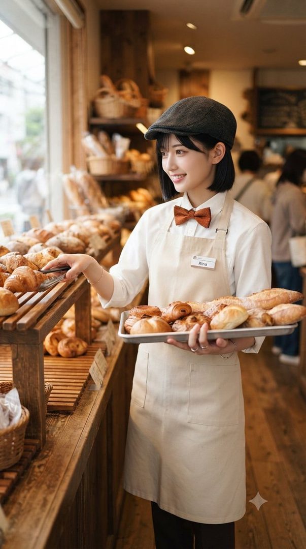 A young woman with short black hair and a flat cap, wearing a white shirt and apron with a bow tie, smiles while arranging pastries in a bakery.