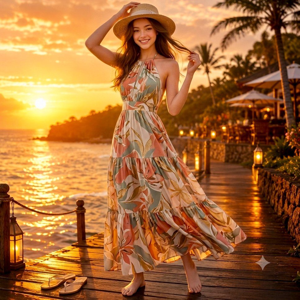 A young woman in a floral maxi dress and straw hat stands on a wooden pier by the ocean at sunset.