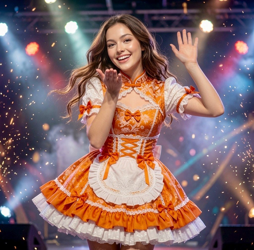 A young woman in an orange and white maid-style dress smiles and blows a kiss on a brightly lit stage.