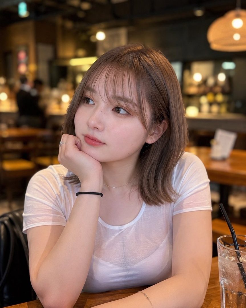 A young woman with short brown hair and bangs, wearing a white sheer t-shirt, rests her chin on her hand while looking away in an indoor setting.