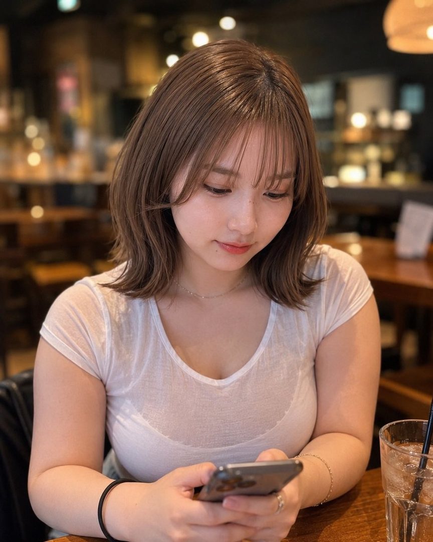 A young woman with short brown hair and bangs, wearing a white t-shirt, looks down at her phone while sitting indoors at a cafe or restaurant.