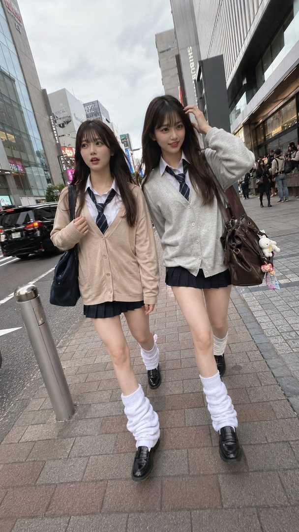 Two young Japanese women in school-inspired outfits walk down a city street, one with a surprised expression and the other smiling playfully.