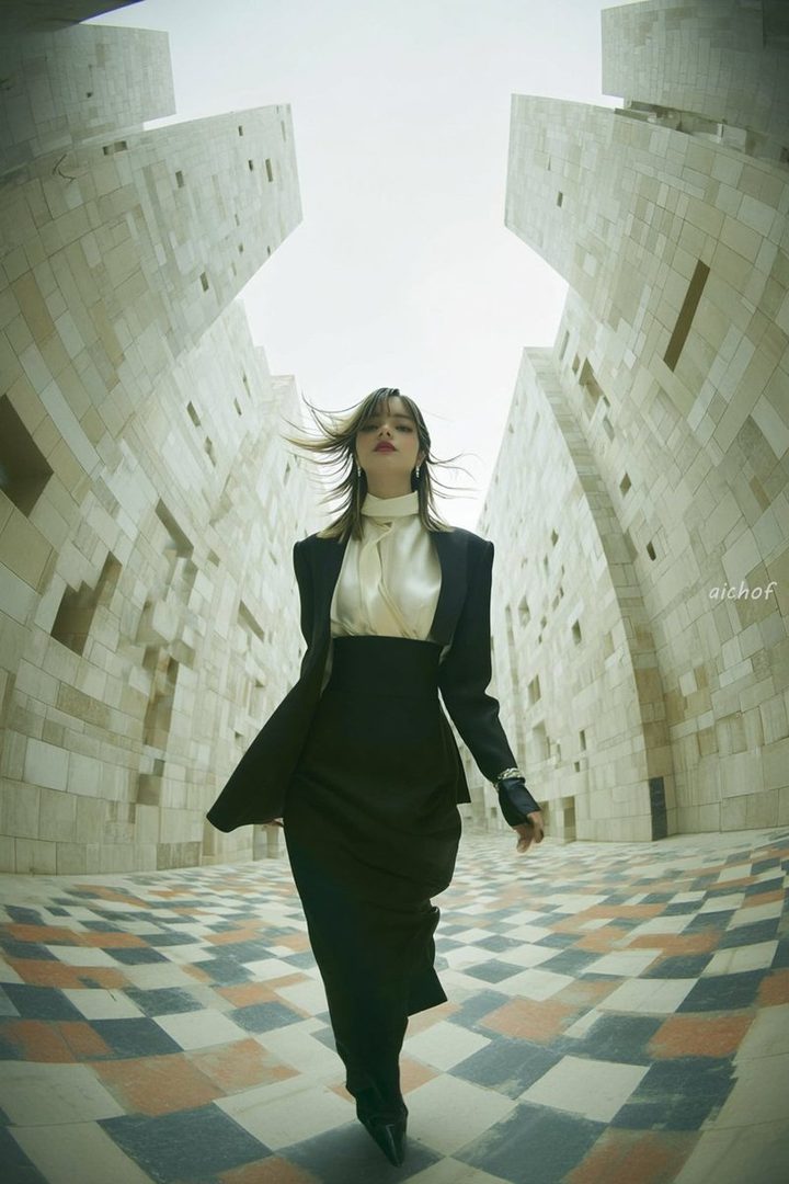 A woman in a black suit and white blouse walks confidently on a checkered floor between tall, modern buildings.