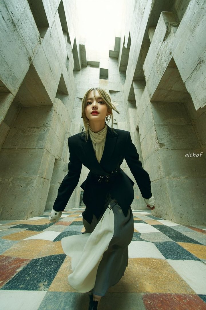 A woman with blonde hair wearing a black suit jacket and a long skirt walks through a modern concrete hallway with a checkered floor.