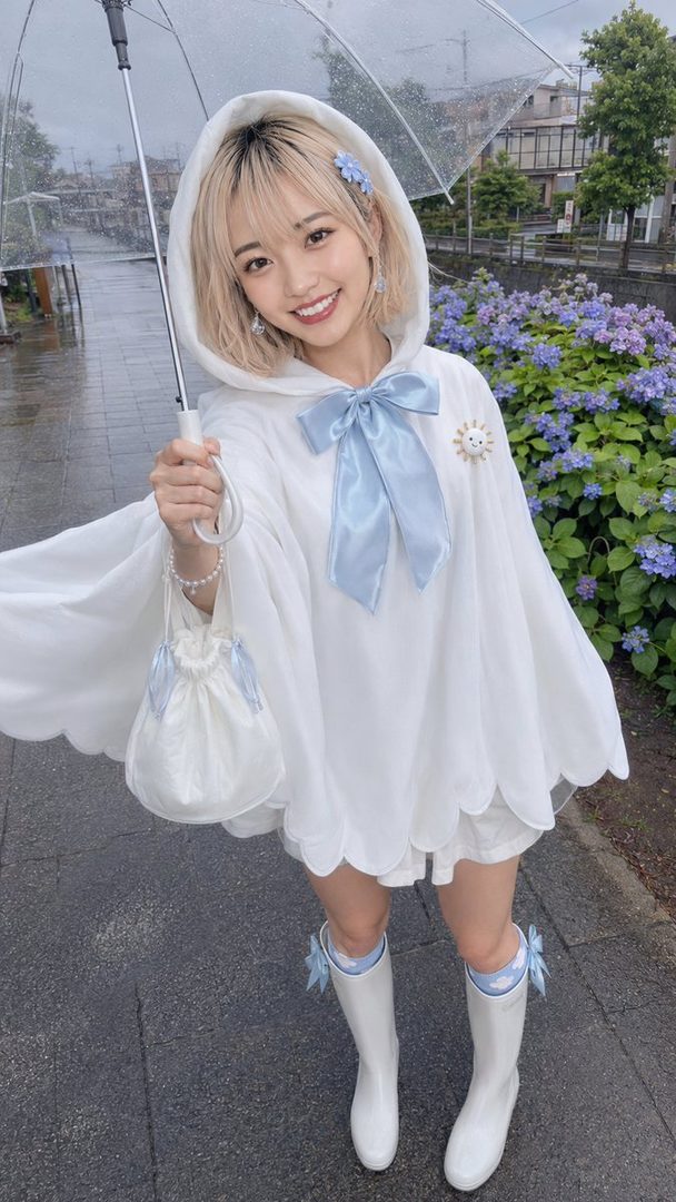 A cute Japanese woman with blonde hair and a white poncho holds a clear umbrella on a rainy day, with purple hydrangeas in the background.