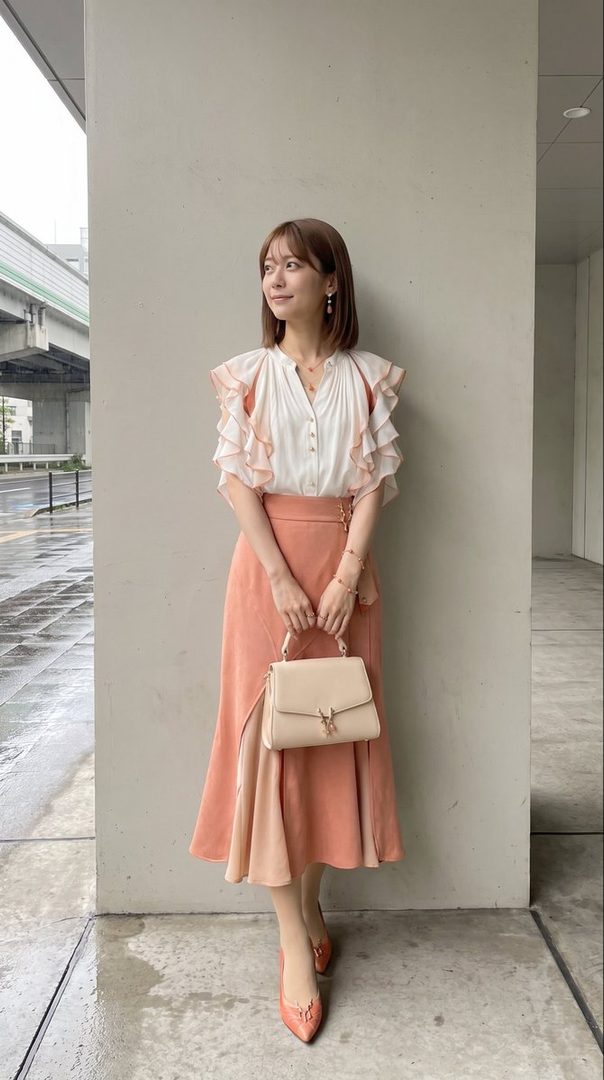 A Japanese woman in a white ruffled blouse and a peach-colored skirt stands on a wet street next to a concrete wall, holding a light-colored handbag.