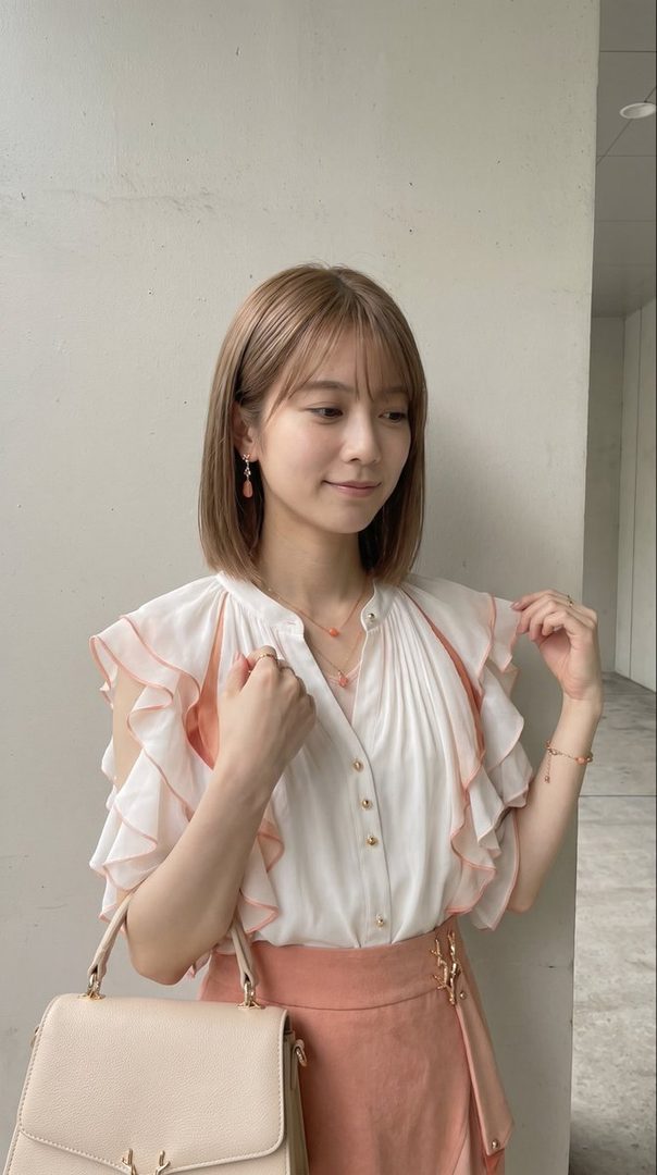 A young woman with short blonde hair and bangs, wearing a white ruffled blouse and a peach-colored skirt, stands indoors with a light-colored handbag.