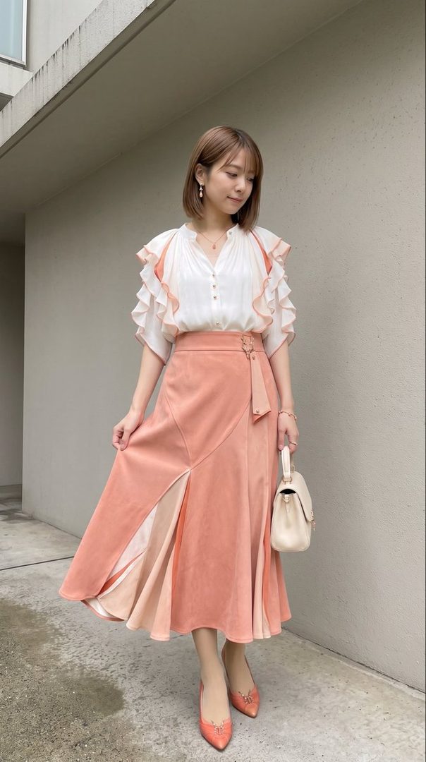 A young woman with short brown hair poses outdoors in a white ruffled blouse and a long peach-colored skirt, holding a small white handbag.