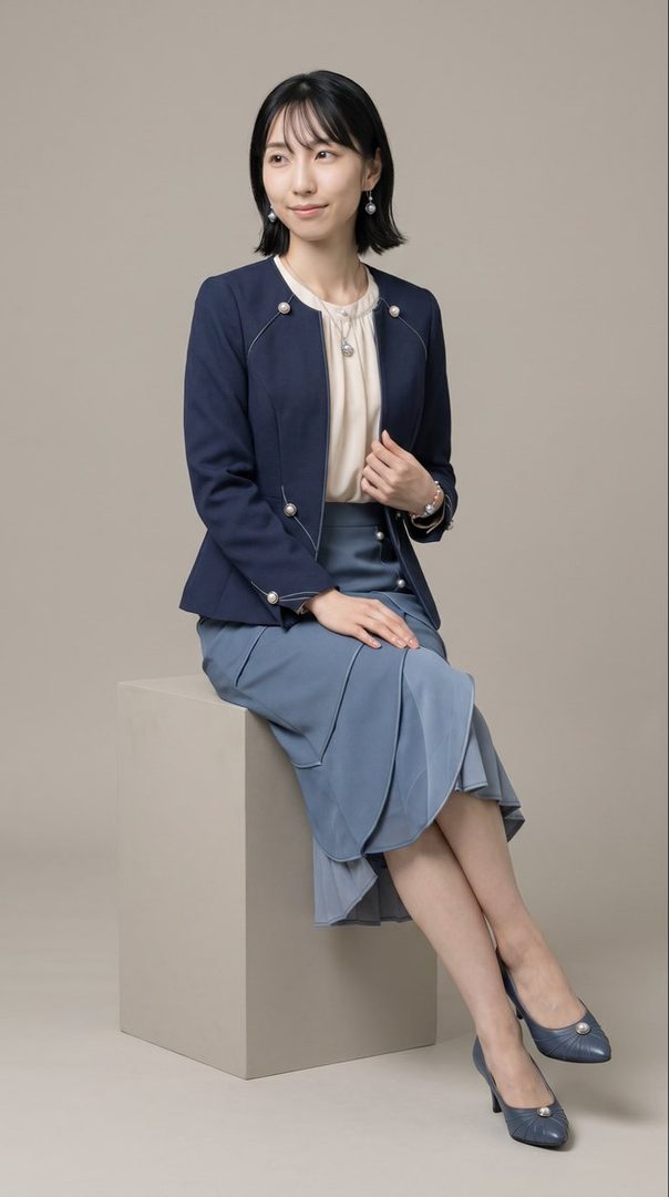 A woman with short black hair and bangs, wearing a navy blue jacket and a light blue skirt, sits on a gray block in a studio setting.