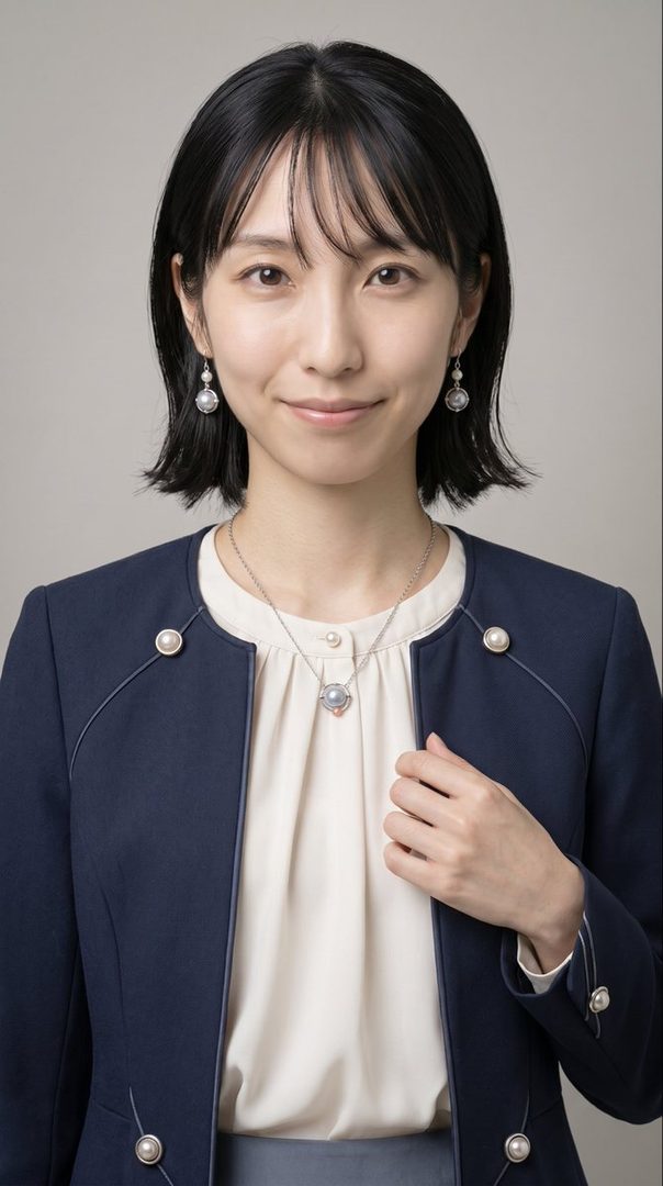 A woman with short black hair and bangs wears a navy blue jacket with pearl buttons and a white blouse, smiling gently.