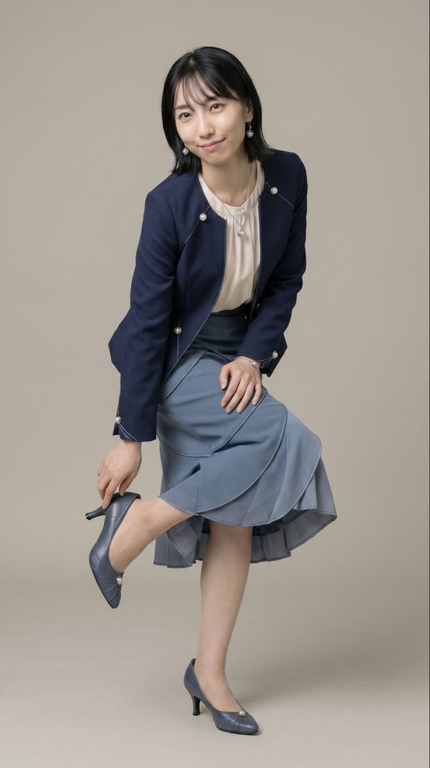 A woman in a navy blazer and blue skirt poses in a studio, adjusting her shoe.