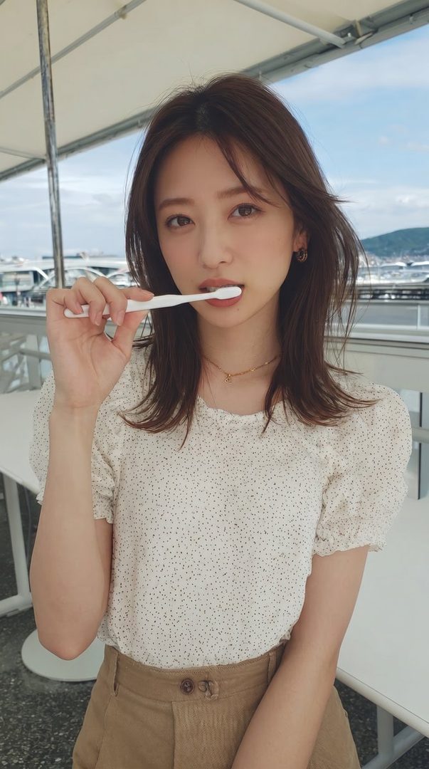 A young woman with brown hair holds a toothbrush to her mouth, wearing a white polka-dot blouse and brown pants, outdoors on a sunny day.