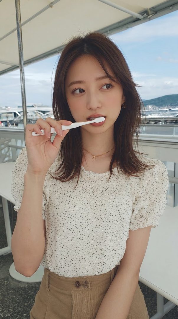 A young woman with brown hair is brushing her teeth outdoors, wearing a white polka-dot blouse and brown pants.