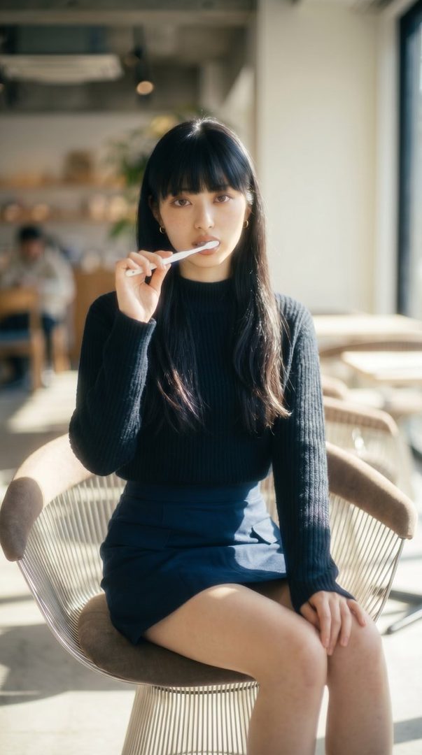 A young woman with long black hair and bangs, wearing a black sweater and a dark skirt, sits indoors holding a toothbrush to her mouth.