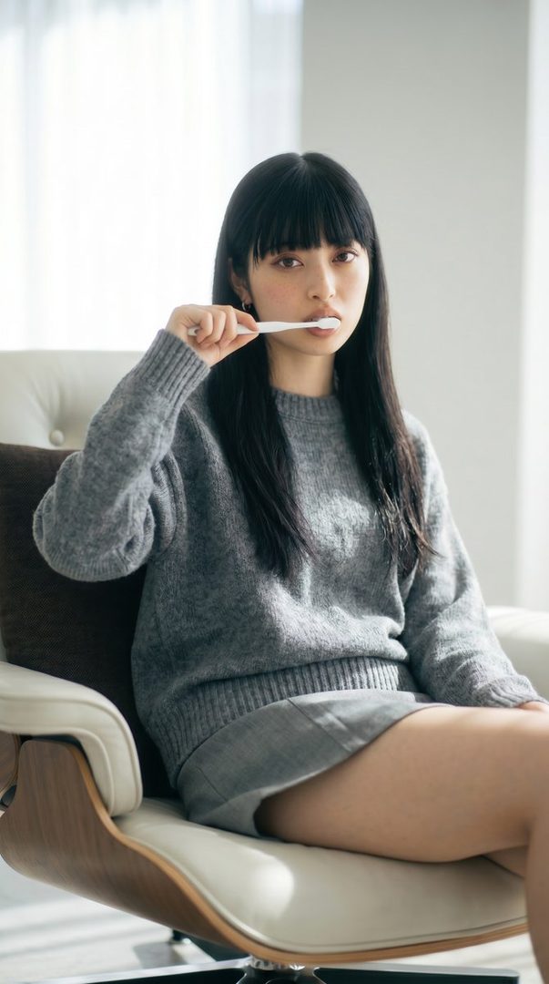 A young woman with long black hair and bangs, wearing a gray sweater and skirt, sits in a chair while brushing her teeth.
