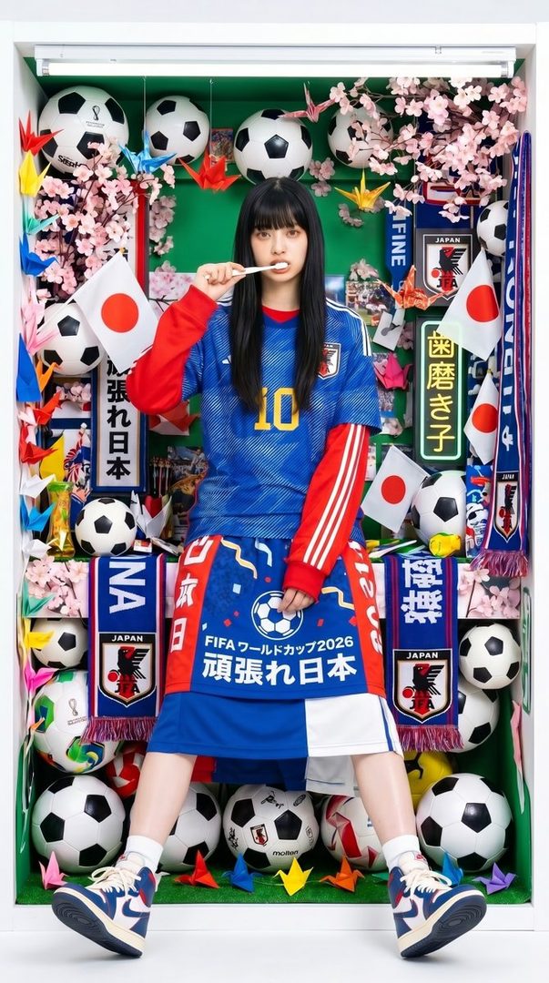 A young woman in a Japanese national soccer team jersey and skirt poses in a display case filled with soccer balls, Japanese flags, and paper cranes, holding a toothbrush in her mouth.