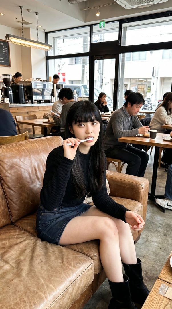 A young woman with long black hair and bangs sits on a brown leather couch in a cafe, holding a toothbrush to her mouth.